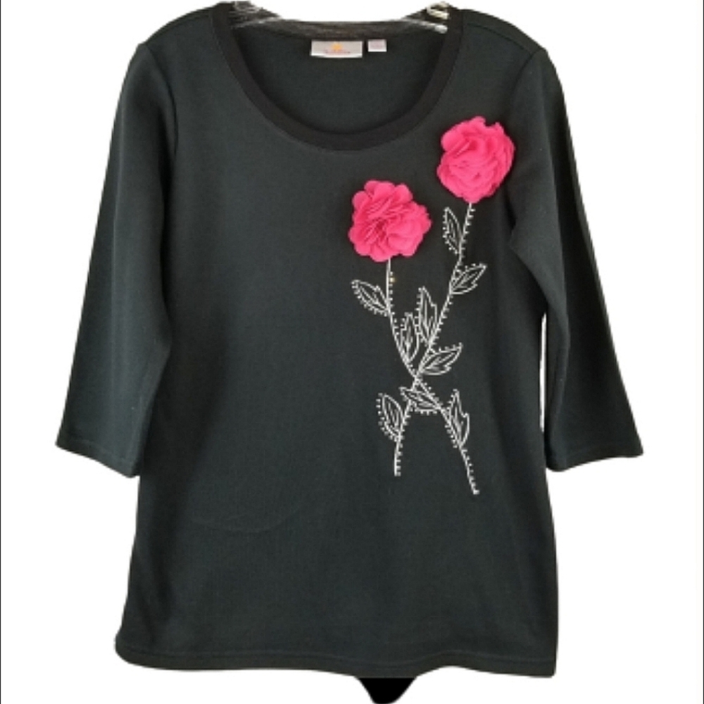 QuackerFactory 3D rose petals studded top Sz XS
